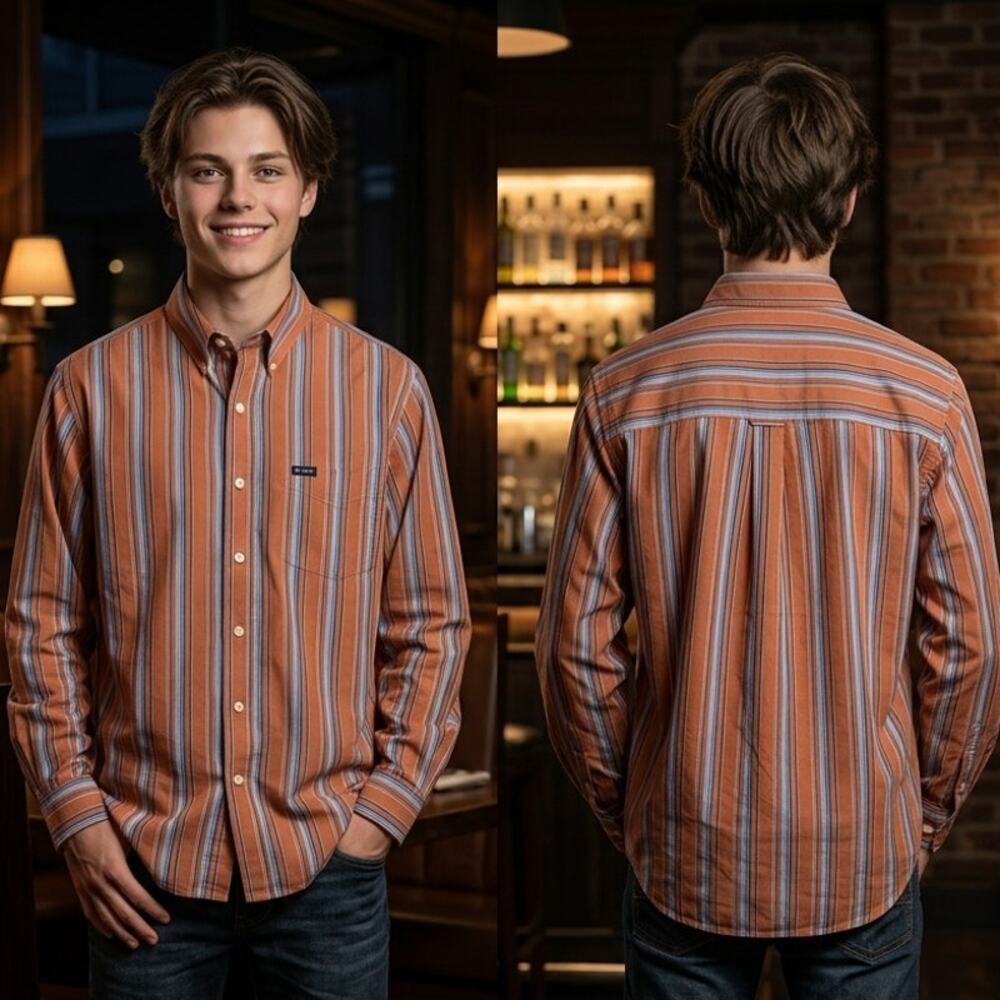 Chaps Mens Medium 38-40 Orange Blue Striped Long Sleeve Button Down Shirt